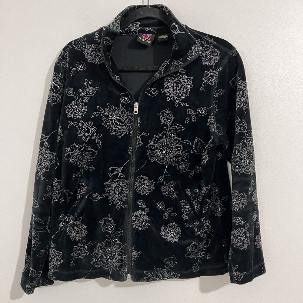 Good Fortune Black Velour Full Zip Floral Hoodie Size S Y2K Retro Streetwear Art